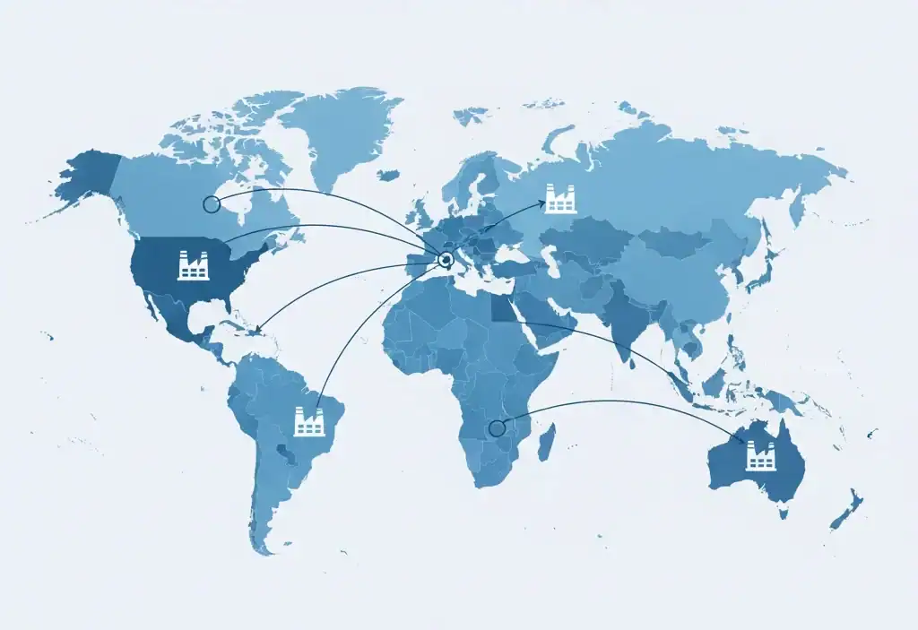 World map showing Innovex global private label supplier sourcing regions including China, India, Vietnam, Turkey, and USA.