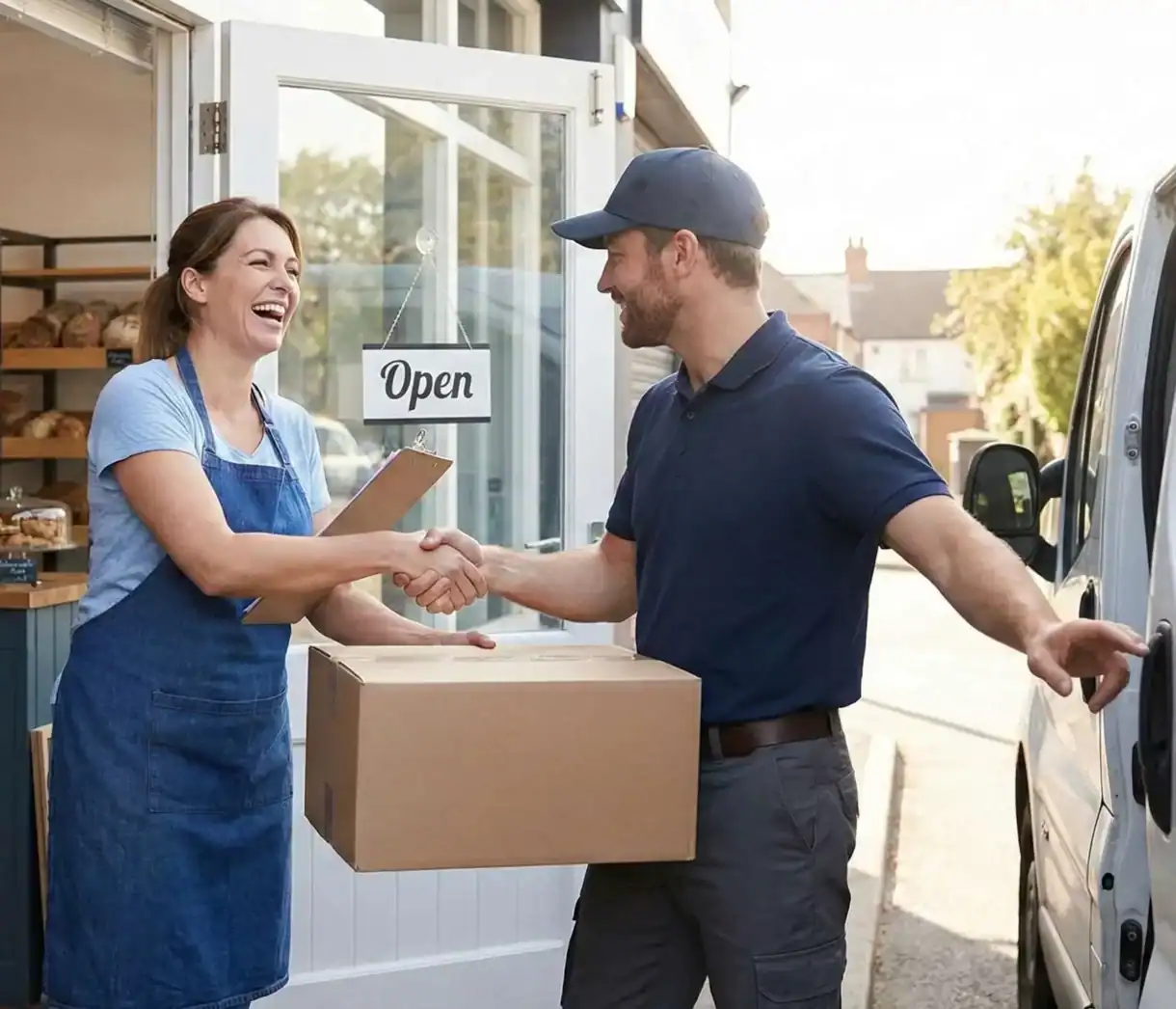 A business owner shaking hands with a logistics partner in Dubai, symbolizing a trustworthy and stress-free shipping partnership.