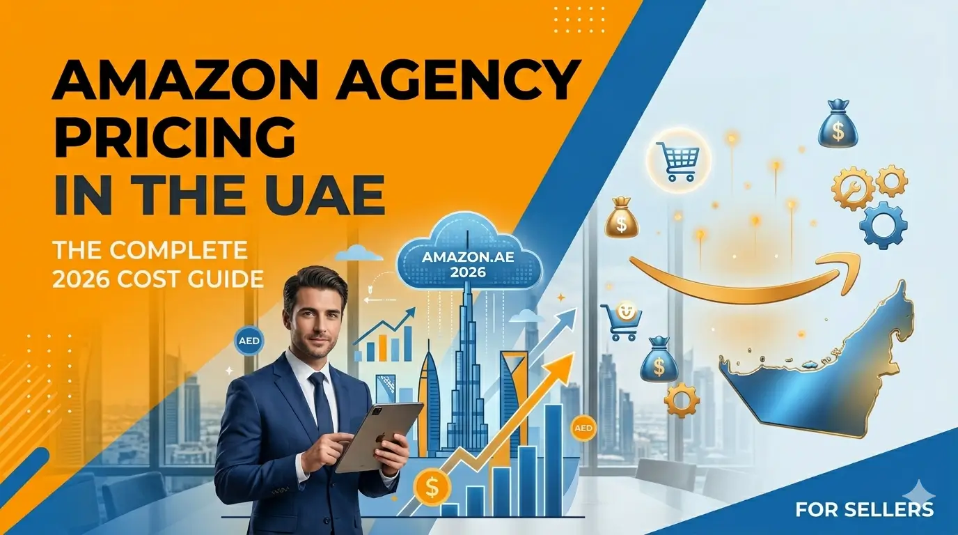 Full service Amazon agency UAE concept graphic showing Amazon.ae growth strategy, PPC management and listing optimisation in UAE and Dubai