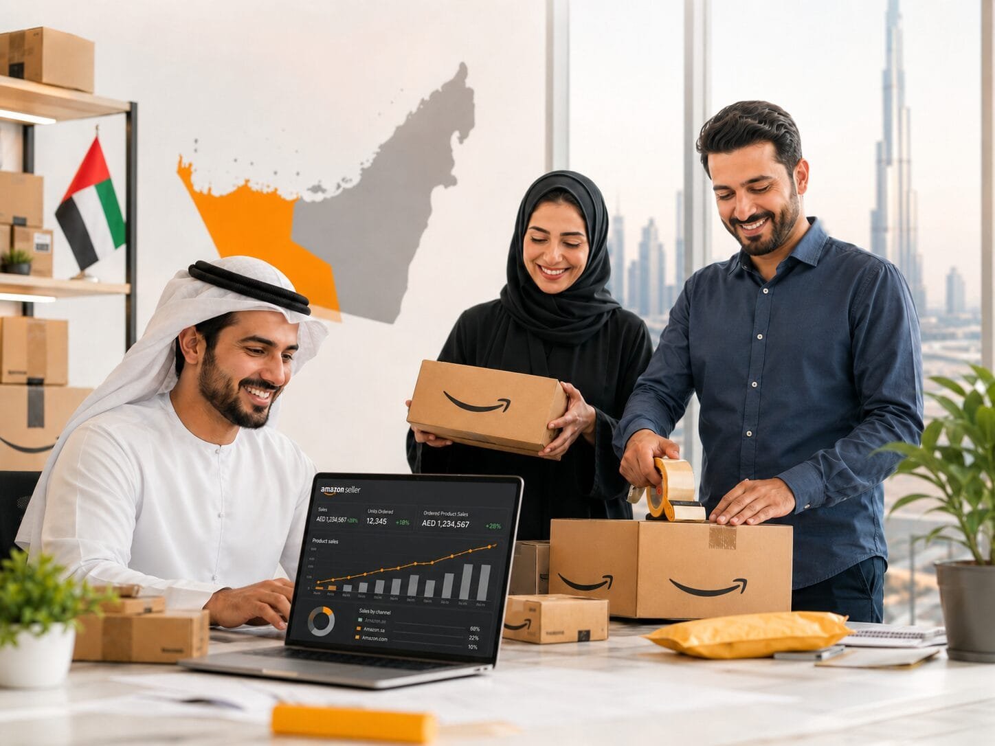 Happy UAE Amazon sellers working with a full service Amazon agency for Amazon.ae growth, PPC, SEO, catalog management, and marketplace support
