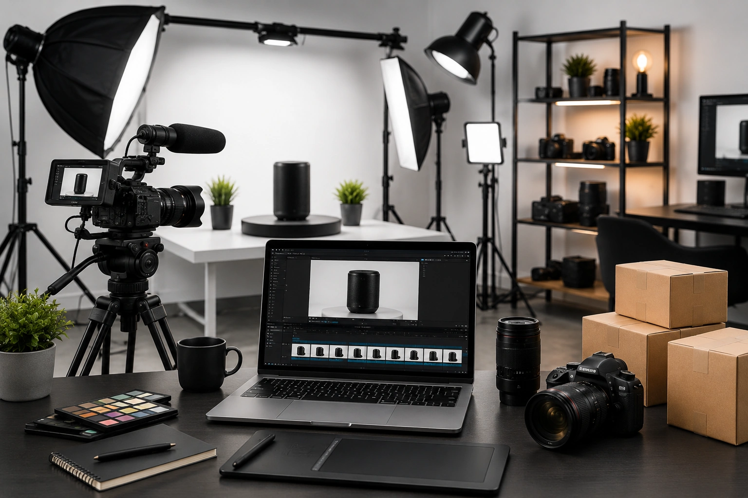 Professional Amazon product video and demo video production studio with DSLR camera, cinema camera, studio lighting, video editing workstation, and product filming setup.