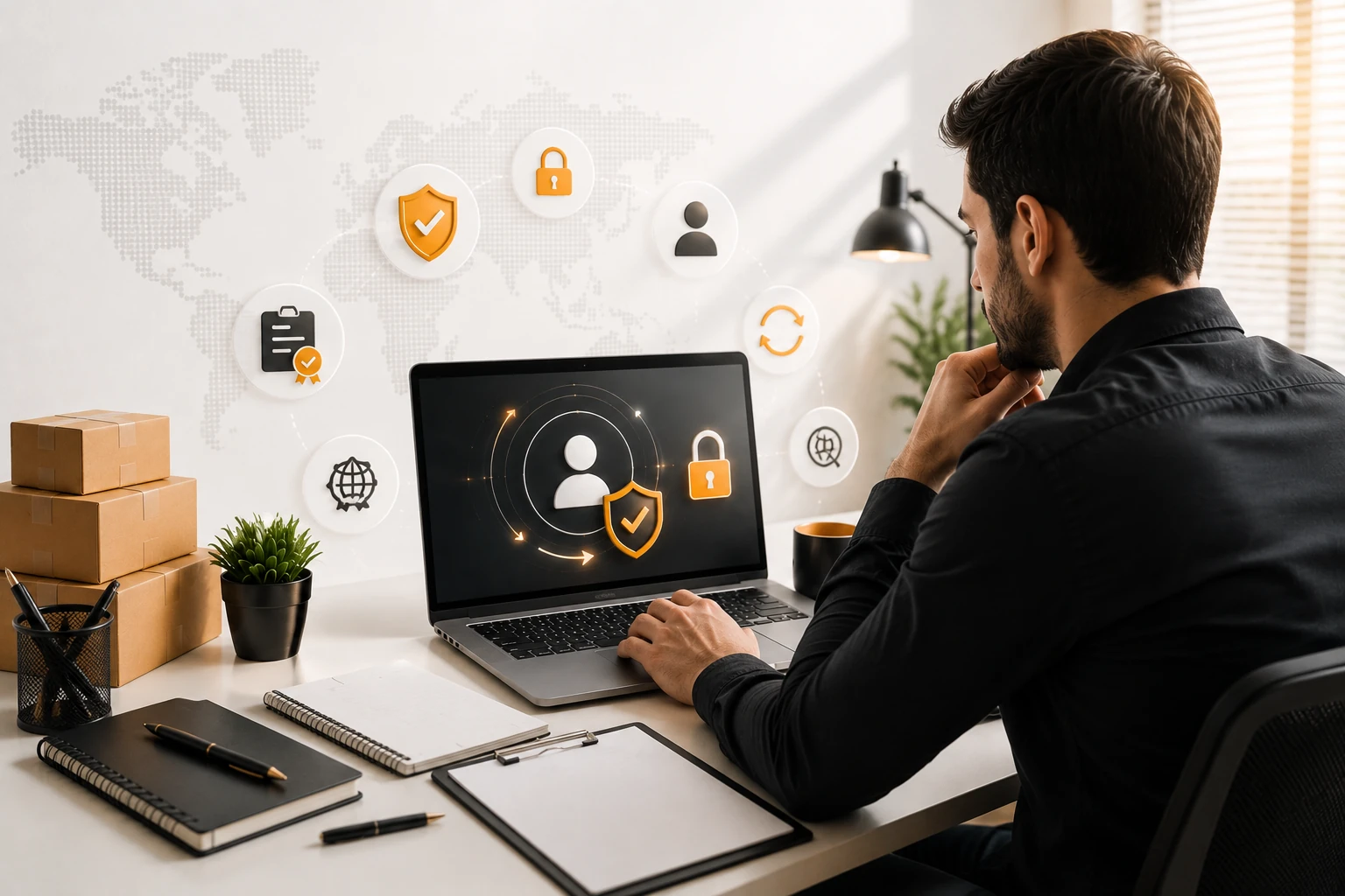 Professional Amazon seller working on laptop to recover a suspended Amazon account with account security icons in a modern office workspace.