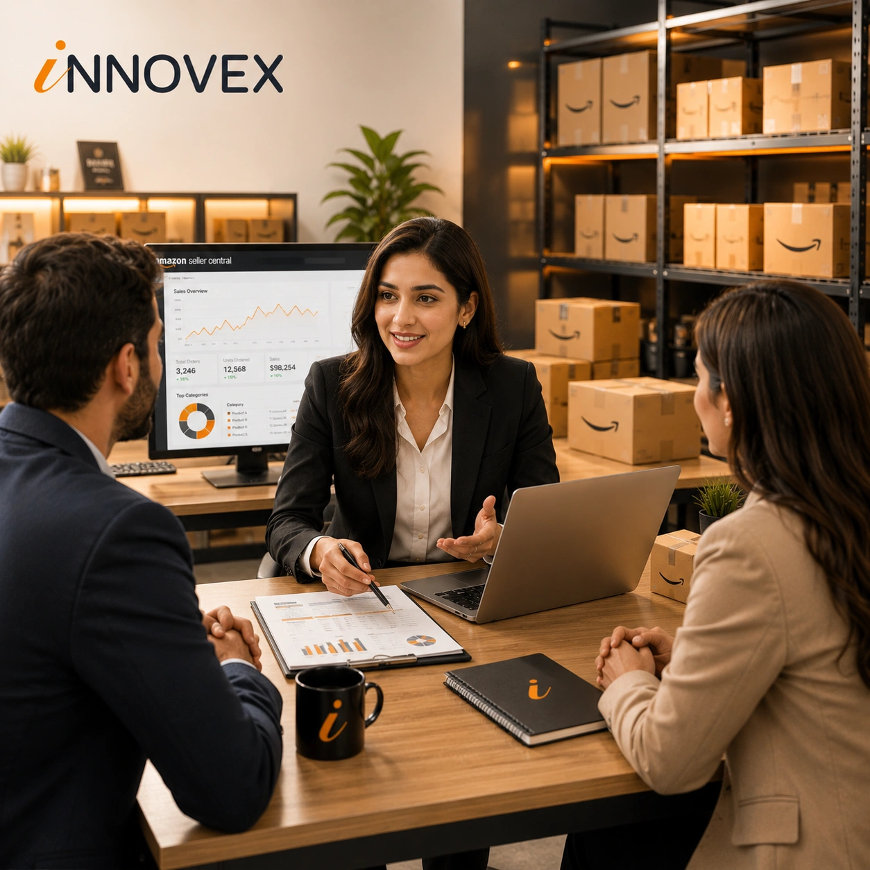 Professional female business consultant discussing Amazon seller business setup, inventory management, and eCommerce growth strategies with clients in a modern office environment.