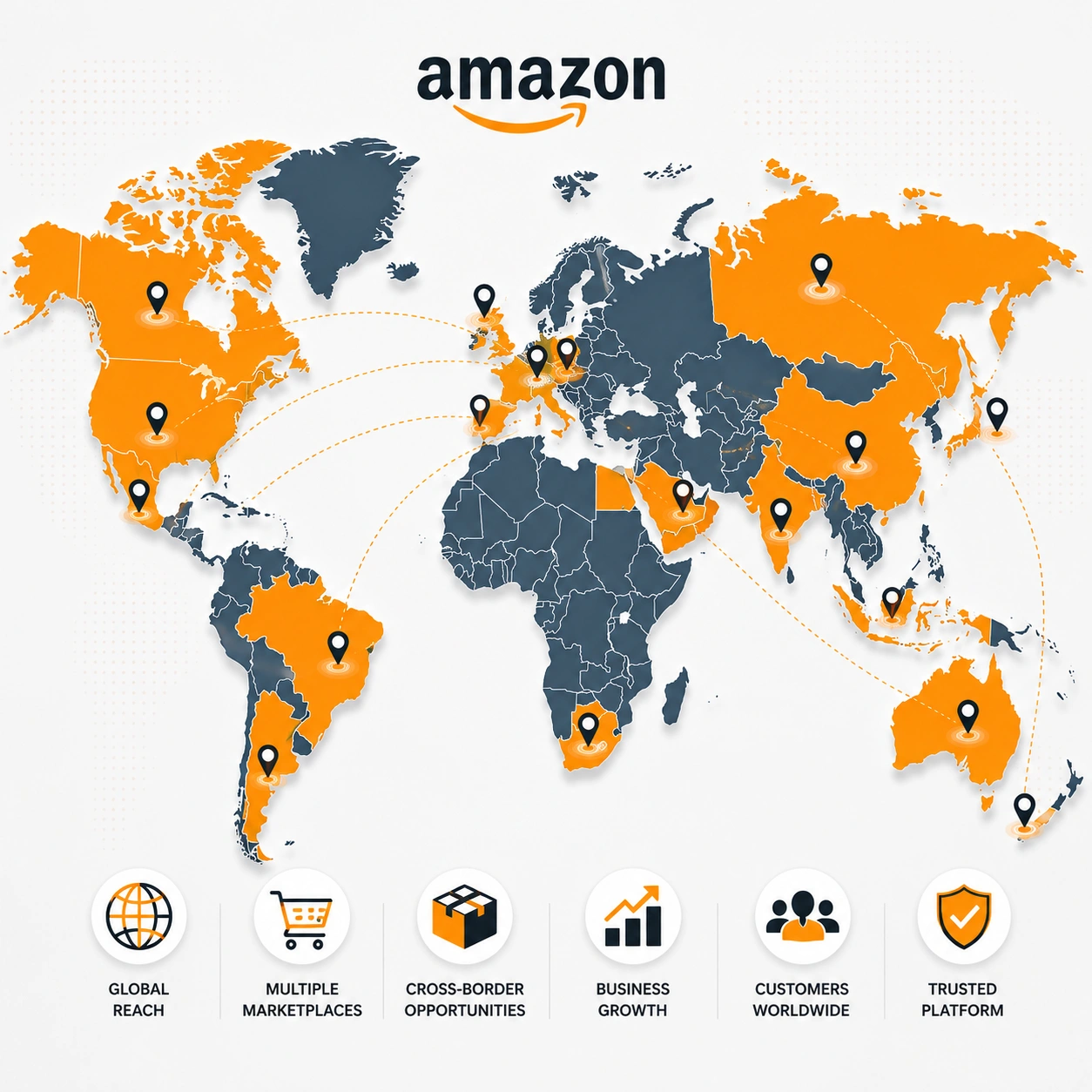 Global Amazon marketplace expansion map showing international eCommerce opportunities and worldwide business reach.