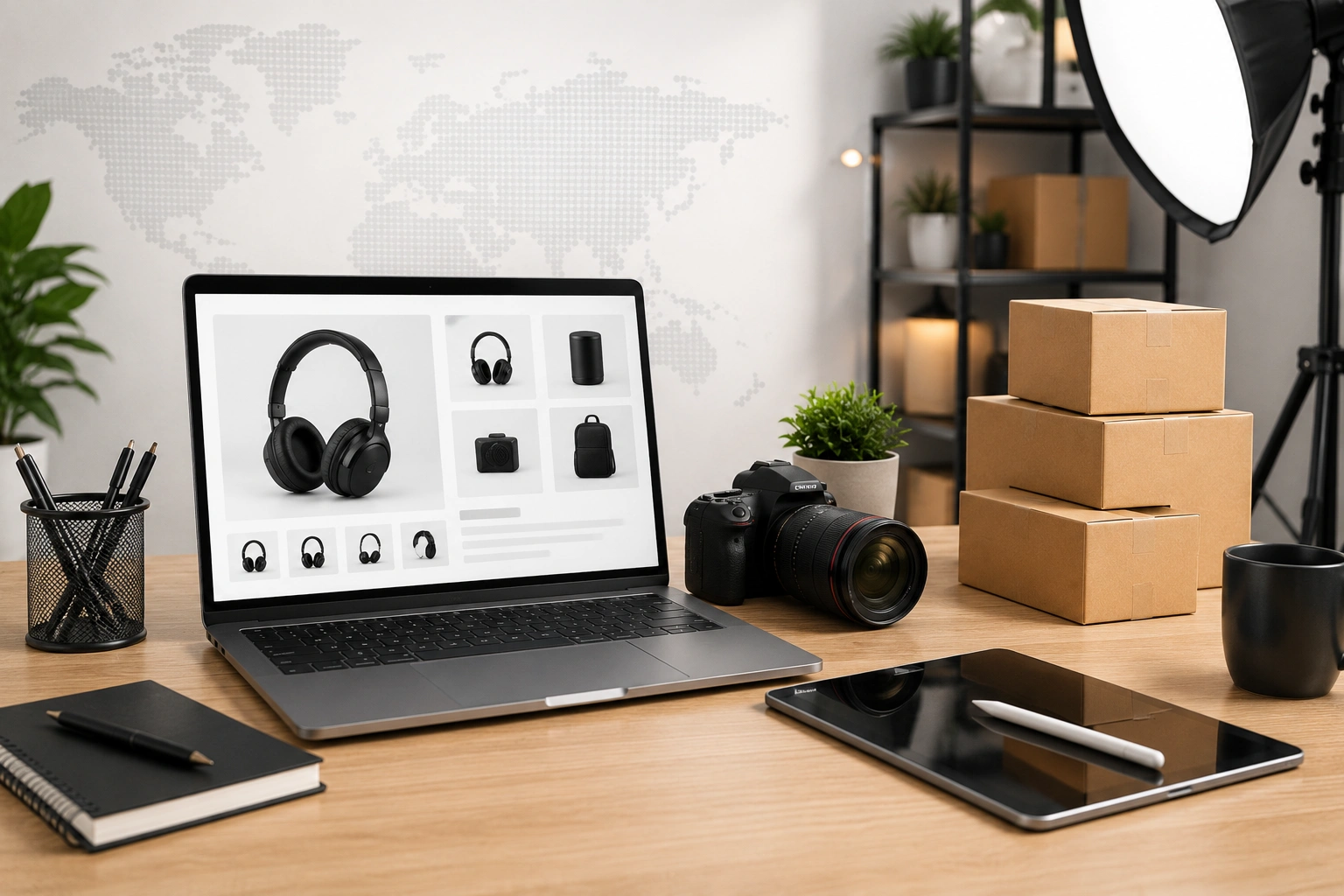 Amazon listing creation workspace featuring product photography equipment, catalog setup tools, and eCommerce product listing management