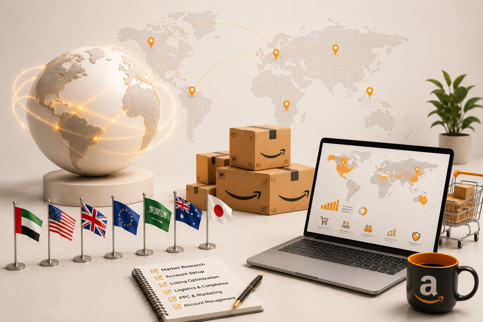 Amazon Global Expansion services connecting international marketplaces, global logistics, multilingual listings, and worldwide eCommerce growth