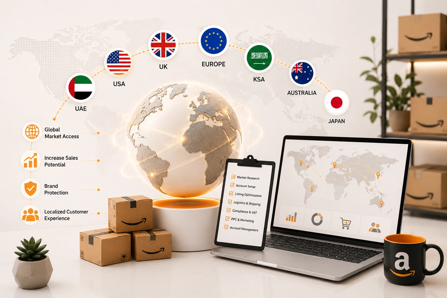 Amazon Global Expansion services connecting international marketplaces, global logistics, multilingual listings, and worldwide eCommerce growth