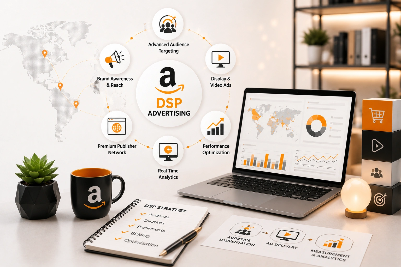 Amazon DSP Advertising dashboard with programmatic display ads, audience targeting, campaign analytics, and brand marketing