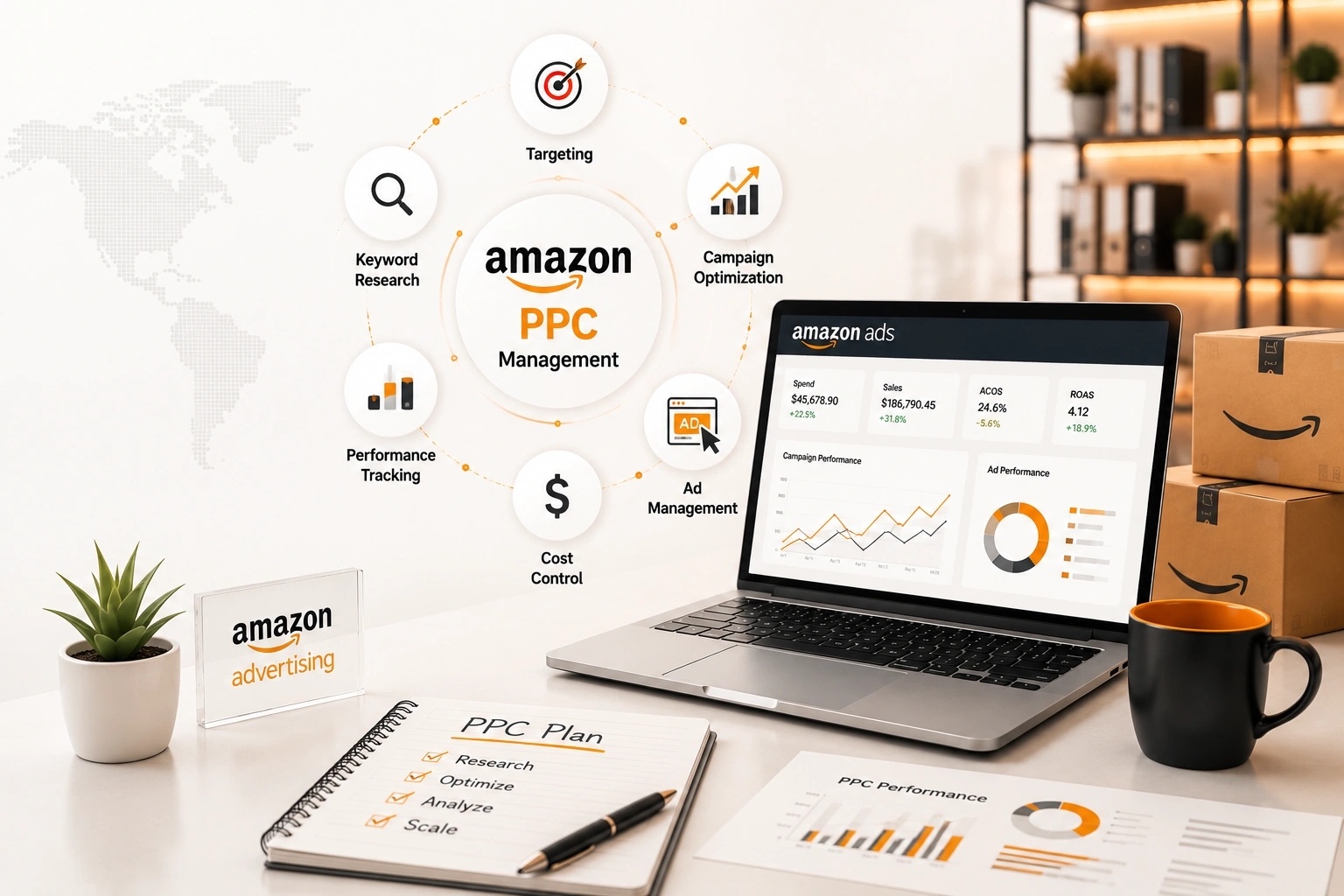 Amazon PPC Ads dashboard showing Sponsored Products campaigns, keyword optimization, advertising analytics, and sales growth
