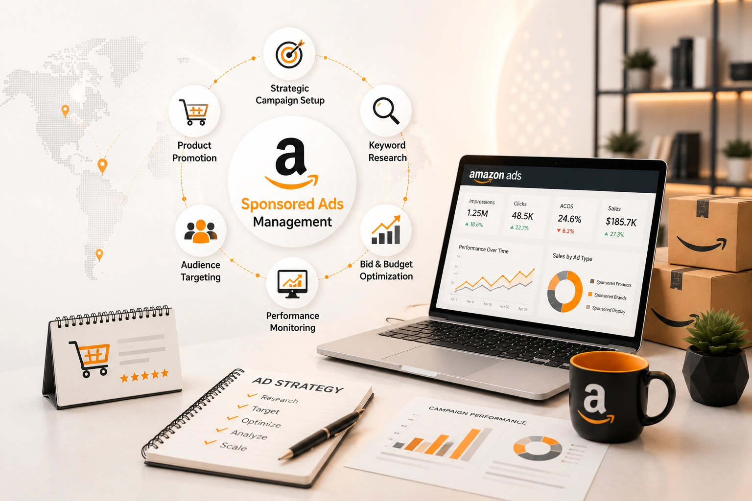 Amazon Sponsored Ads Management dashboard showing Sponsored Products, Sponsored Brands, campaign optimization, and advertising analytics