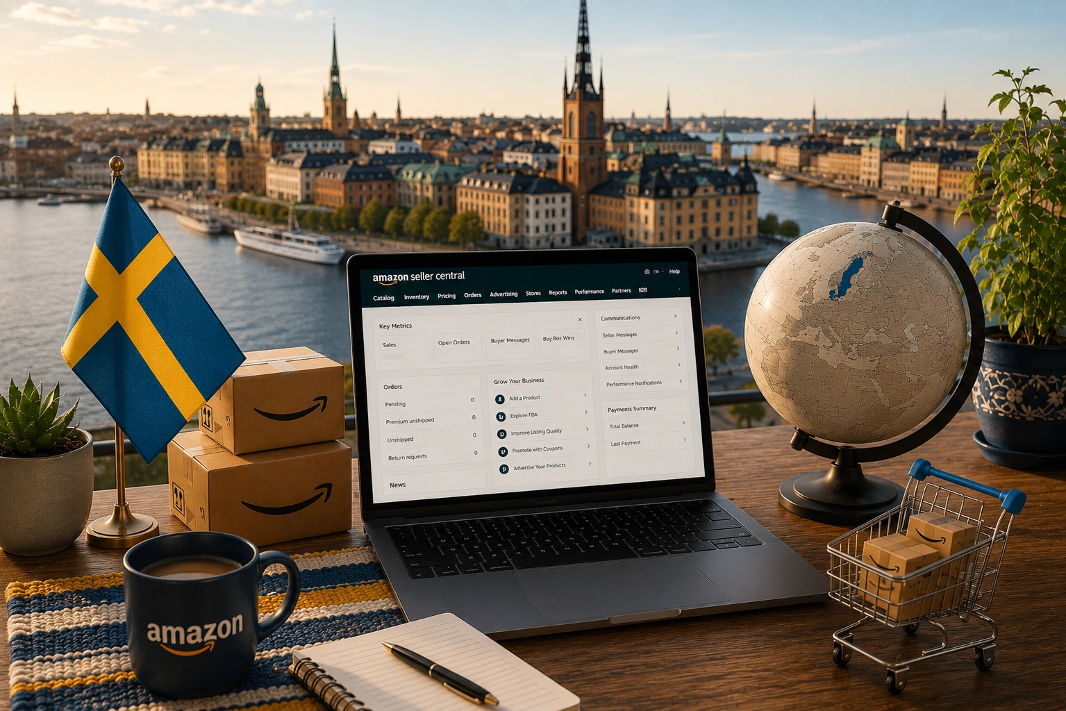 Amazon Agency Sweden providing seller account setup, listing optimization, PPC management, and marketplace growth services
