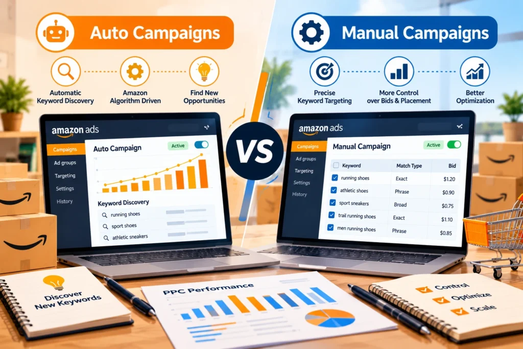 Amazon auto vs manual PPC campaigns: Which should sellers use first in 2026? Compare targeting, budgets, keyword research, conversions, and PPC setup.