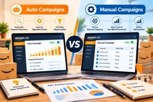 Amazon auto vs manual PPC campaigns: Which should sellers use first in 2026? Compare targeting, budgets, keyword research, conversions, and PPC setup.
