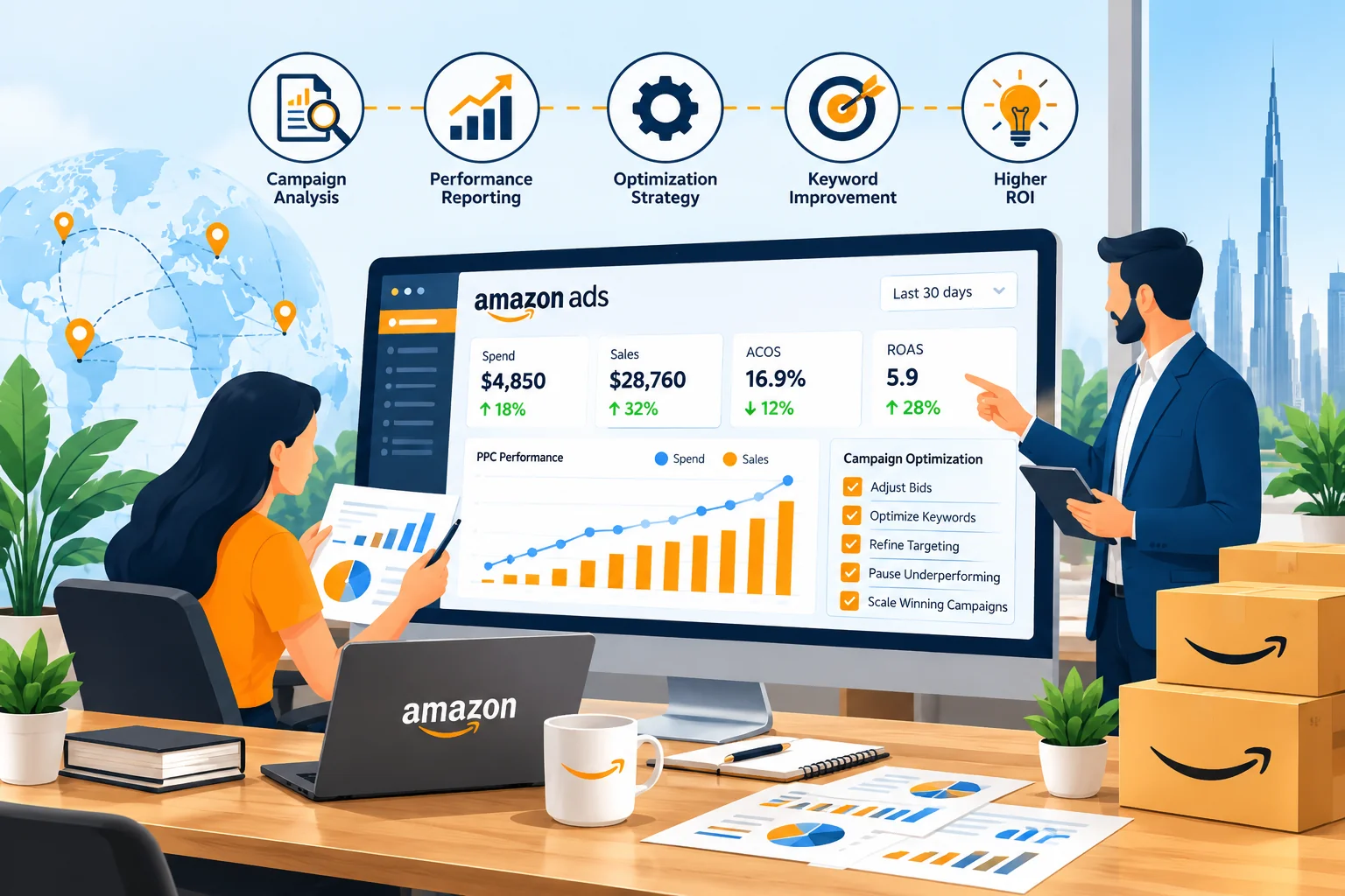 Amazon PPC Reporting and Optimization Dashboard for Campaign Performance Analysis