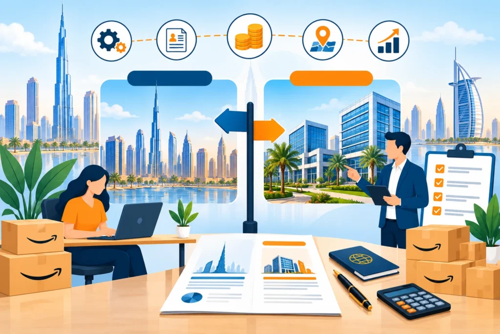 Dubai mainland or free zone license for Amazon UAE? Compare costs, trading rights, FBA requirements, taxes and business setup options in 2026.