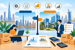Dubai mainland or free zone license for Amazon UAE? Compare costs, trading rights, FBA requirements, taxes and business setup options in 2026.