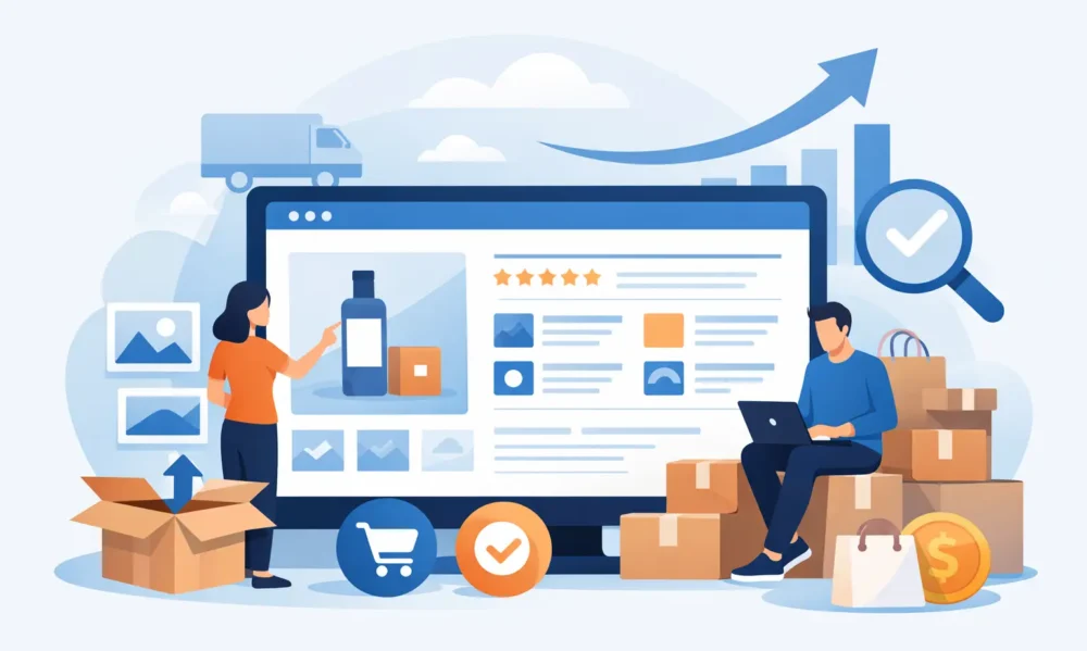 Amazon A+ Content Service featuring branded product layouts, comparison charts, lifestyle images, and enhanced product descriptions for higher conversions