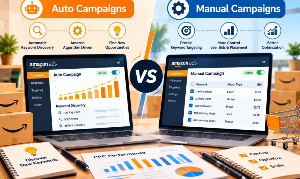 Amazon auto vs manual PPC campaigns: Which should sellers use first in 2026? Compare targeting, budgets, keyword research, conversions, and PPC setup.