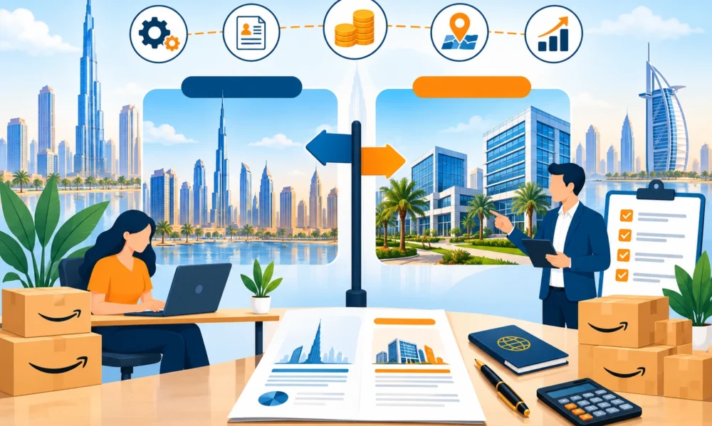 Dubai mainland or free zone license for Amazon UAE? Compare costs, trading rights, FBA requirements, taxes and business setup options in 2026.